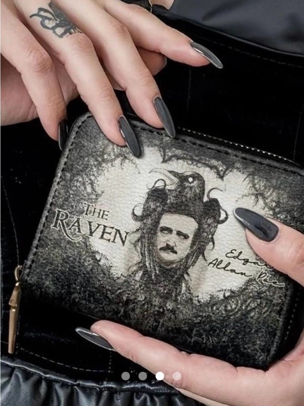 The Raven Graphic Zip Wallet - Black and  White Vegan Leather
